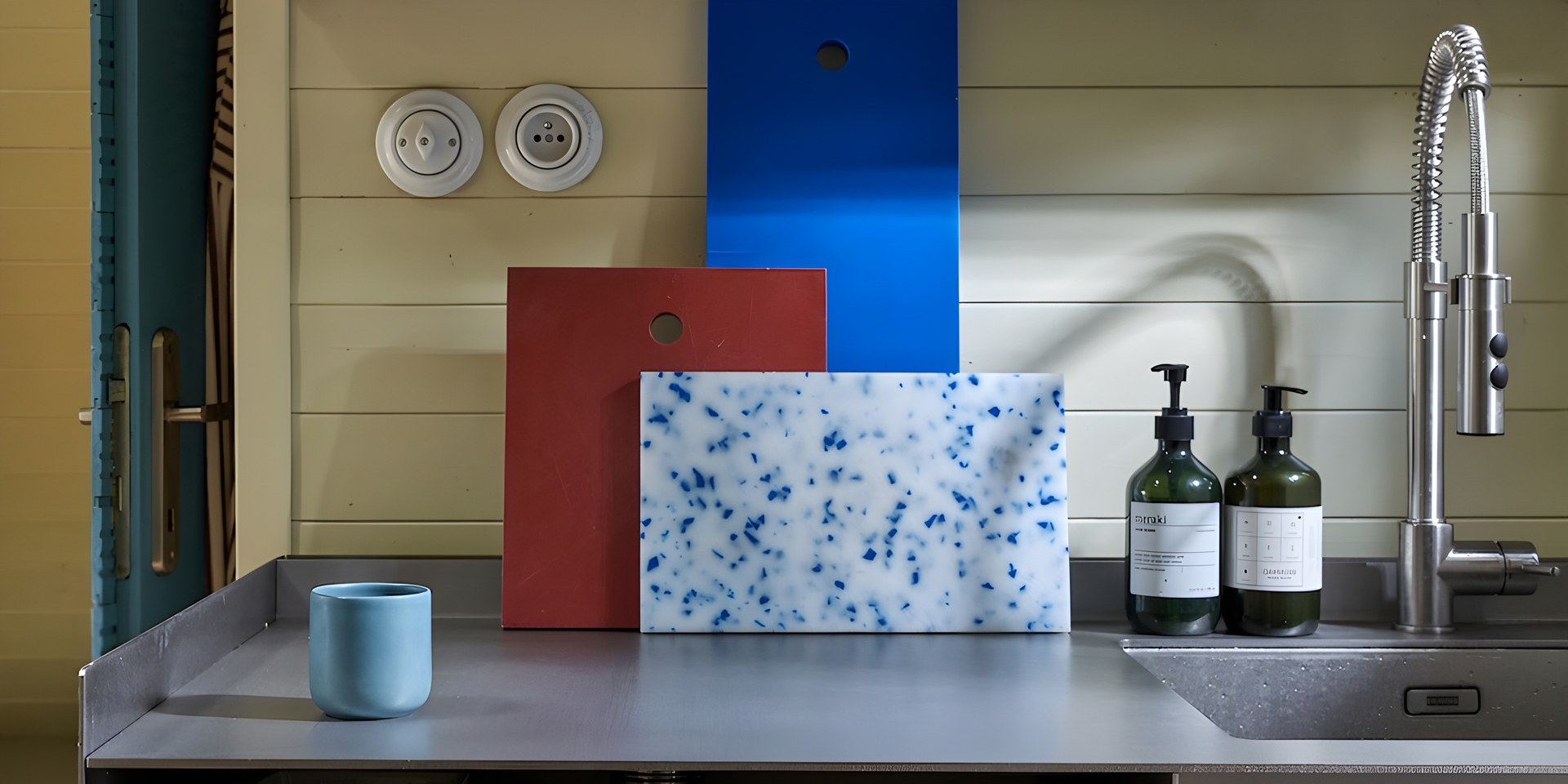 Custom stainless steel kitchen worktop with open shelving in a wooden cottage